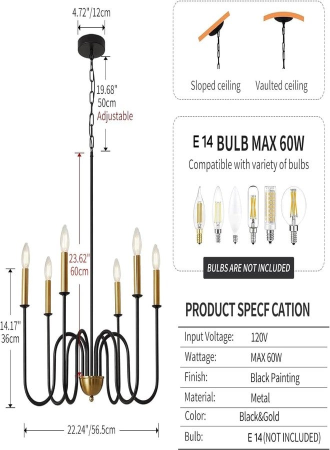 WOKE Modern Adjustable Height Chandelier Light Fixture, Black Gold, 6 Candle Style Lights, Suitable for Bedroom, Living Room, Dining Room or Hallway (Bulb not Included) - Image 3
